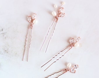 Crystal hair pins Set of 3 Set of 4 Pearl crystal hair pins Rose gold leaf hair pins CZ hair pins Bridal hair accessories Bridesmaid gift