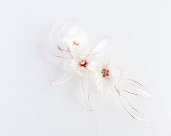 Rose gold wedding fascinator  Flower leaf headpiece Silk hair piece Rose gold 1920s headband Bridal hair accessory Wedding hair accessories