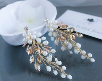 Crystal pearl bridal earrings Gold rhinestone earrings Floral vine wedding earrings Oversized statement earrings Leaf bridal earrings