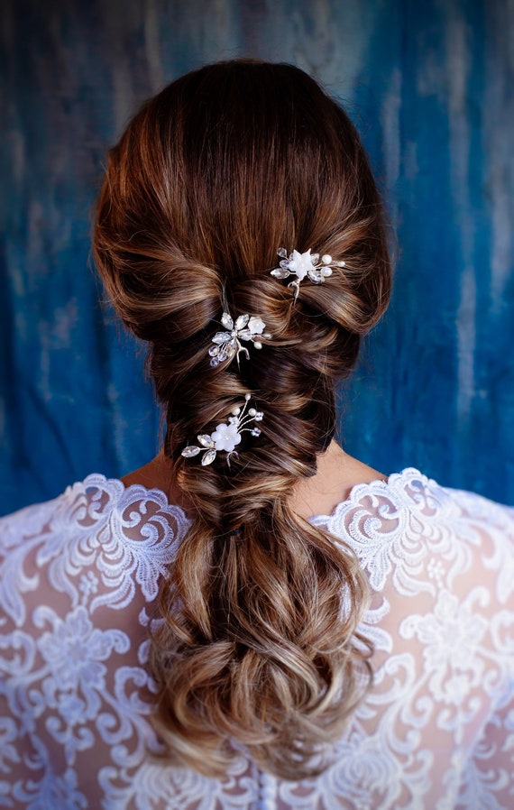 Silver Flower Bridal Hair Pins Set of 3 Crystal Hair Pins  display picture 2