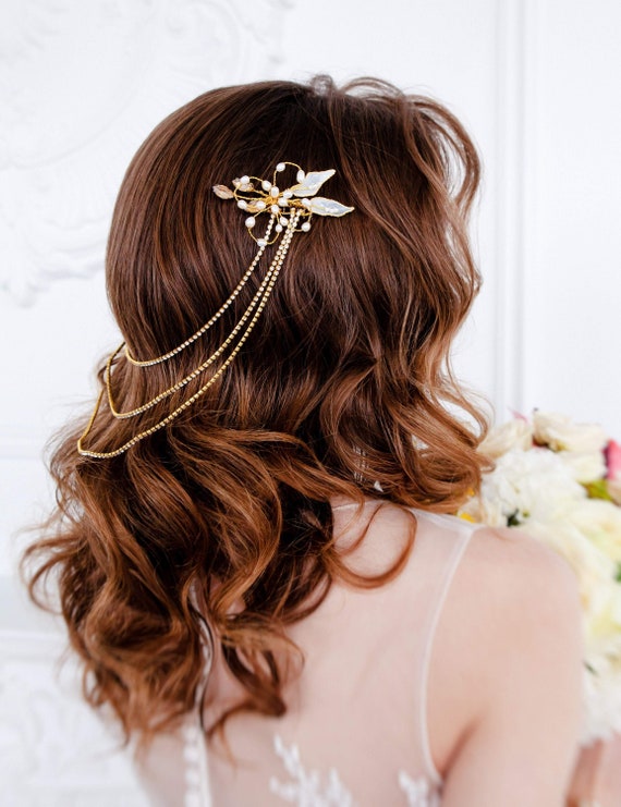 Pink Yellow Gold Bridal Hair Chain-Hair Jewelry-Gold Hair Accessories-Pink Bridal Headpiece-Pink Bridal Hair Drape-Gold Wedding Hair Chain