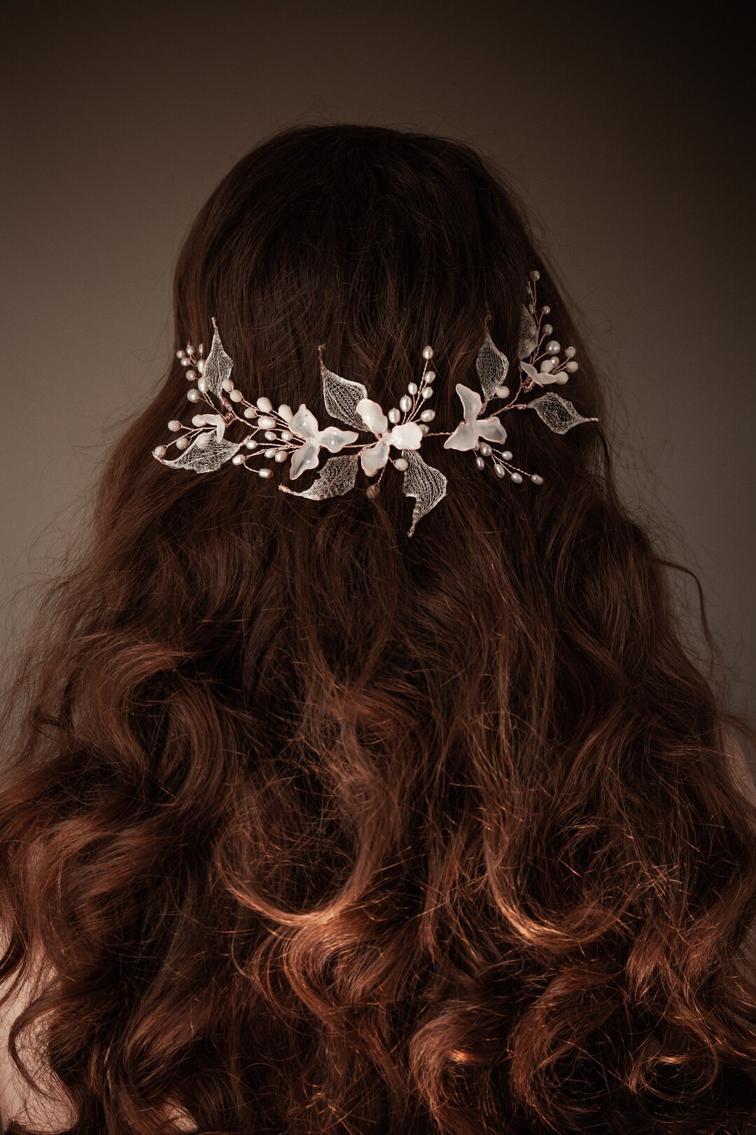 Floral Bridal Hair Piece Rose Gold Flower Headpiece Bohemian Bridal Back Headpiece Delicate Bridal Head Jewelry Leaf Bridal Hair... 