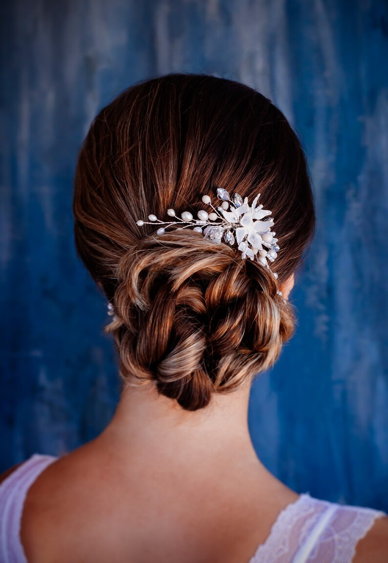 Silver flower bridal hair comb Crystal floral bridal clip Wedding headpiece Rustic wedding hair comb Side hair combs Floral bridal hair comb image 5