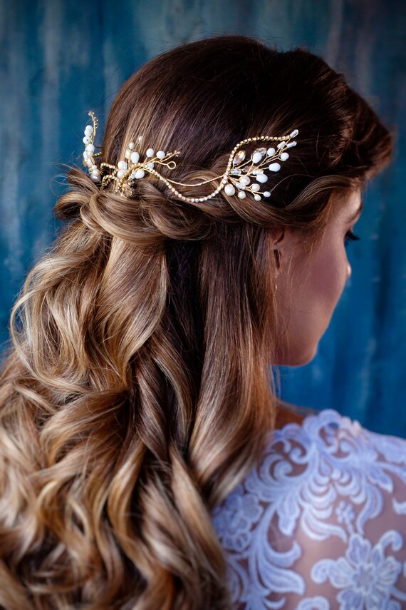 Pearl Wedding Hair Pin Rhinestone Bridal Hair Wreath Gold Etsy
