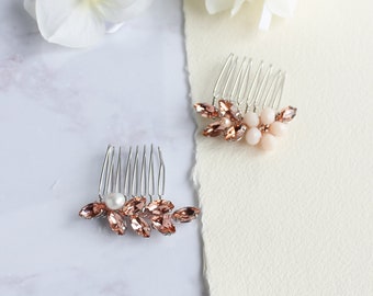 Small wedding hair comb Crystal bridal hair pins Peach rhinestone hair clips Petite bridesmaid hair comb Pearl hair accessory for bride