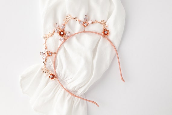 Rose Gold Leaves Bridal Crown CZ Crystal Wedding Tiara 