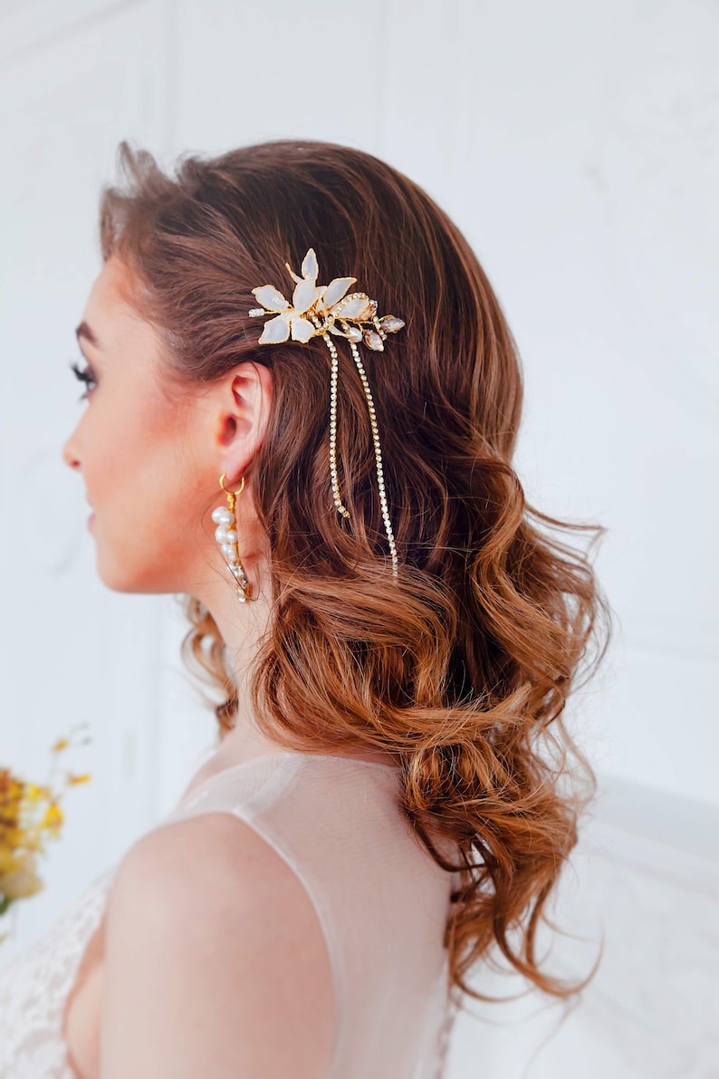 Chain bridal side hair comb Dangle wedding hair comb Flower hair comb Floral bridal comb Gold hair comb wedding Bridal head chain AURORE image 1