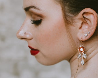 Rose gold Crystal bridal earrings Crystal jewelry CZ wedding earrings Drop Earrings Gold leaf earrings Dangle earrings Bridesmaid earrings
