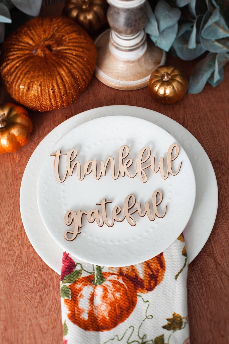 Thanksgiving place settings Fall table place cards Custom Table decor Laser words Thankful grateful gather family celebrate blessed image 1