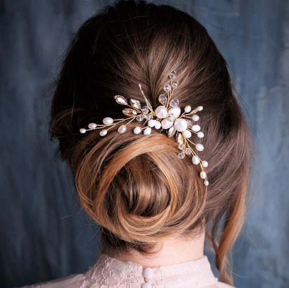 Pearl Wedding Hair Comb Rhinestone Bridal Hair Clip Gold  display picture 1