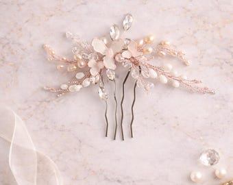 Rose gold crystal bridal comb Floral bridal headpiece Pearl wedding hair piece Crystal bridal accessory Wedding accessory Bride hair comb