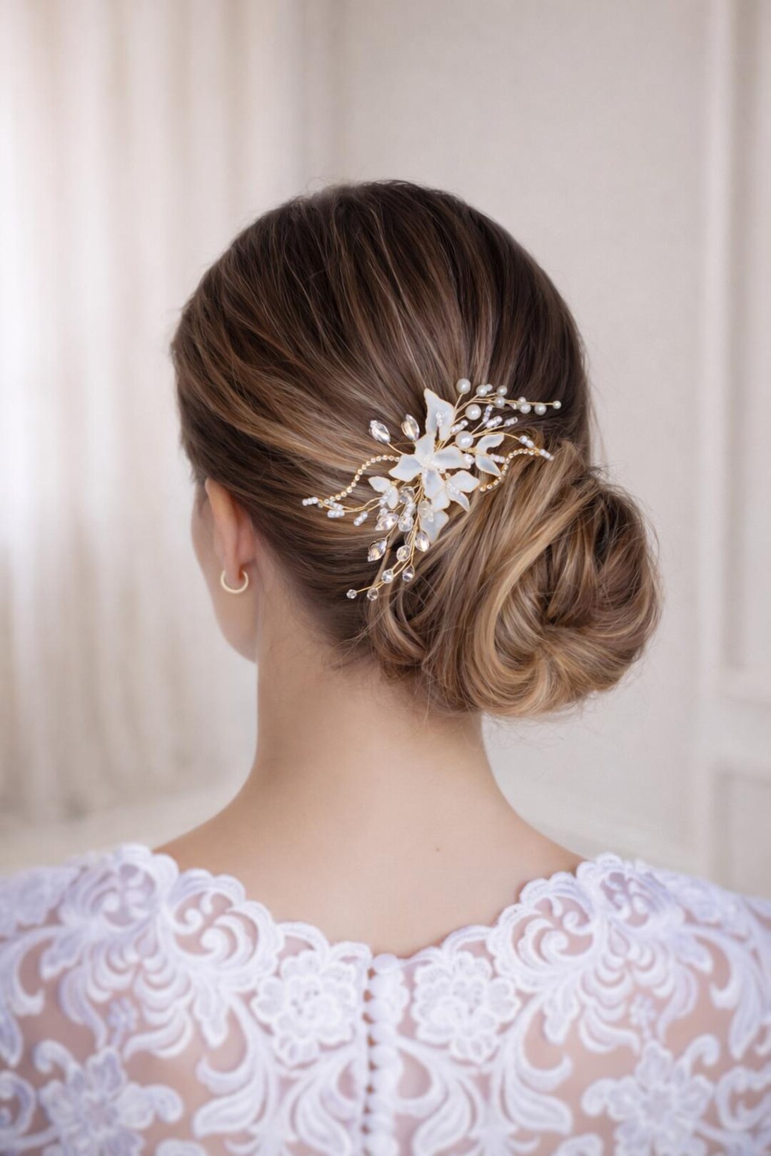 Bride Comb Pin Gold Floral Bridal Hair Comb Flower Side Comb Pearl Hair Comb Crystal ...