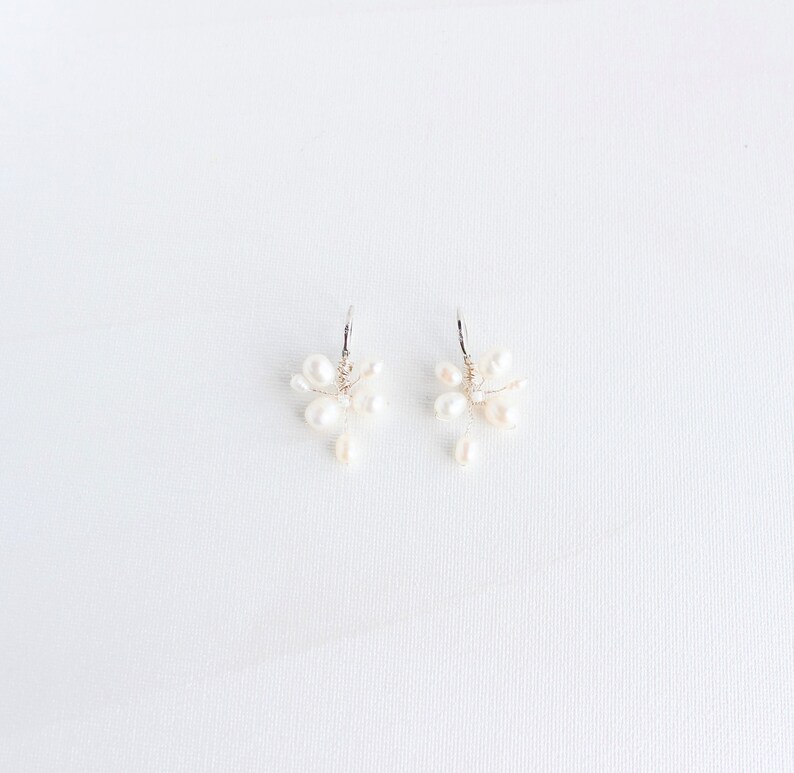 Dainty pearl bridal earrings, Silver plated wedding earrings, Bridesmaid earrings, Star pearl wedding earrings, Modern bride earrings, image 3