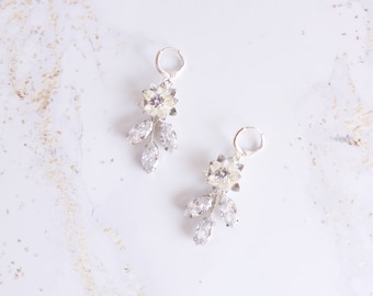 Floral bridal earrings Crystal wedding earrings Floral jewelry CZ wedding earrings  Dangle earrings Drop leaf Earrings Bridesmaid earrings
