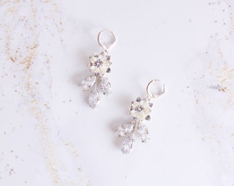 Floral bridal earrings Crystal wedding earrings Floral jewelry CZ wedding earrings  Dangle earrings Drop leaf Earrings Bridesmaid earrings