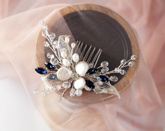 Something blue pearl bridal hair comb Rhinestones wedding hair clips Sapphire crystal headpiece Floral bridal wreath Flower hairpiece