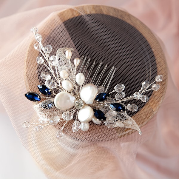 Something blue pearl bridal hair comb Rhinestones wedding hair clips Sapphire crystal headpiece Floral bridal wreath Flower hairpiece