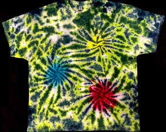 Tie-dye T-shirt : 2XL Gildan - lime scrunch with primary spirals