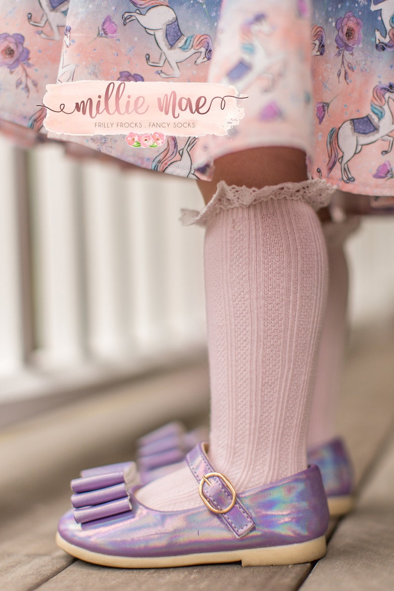 Baby Girl Knee High Socks Cable Knit with Ruffle Available in Multiple Colors and Sizes