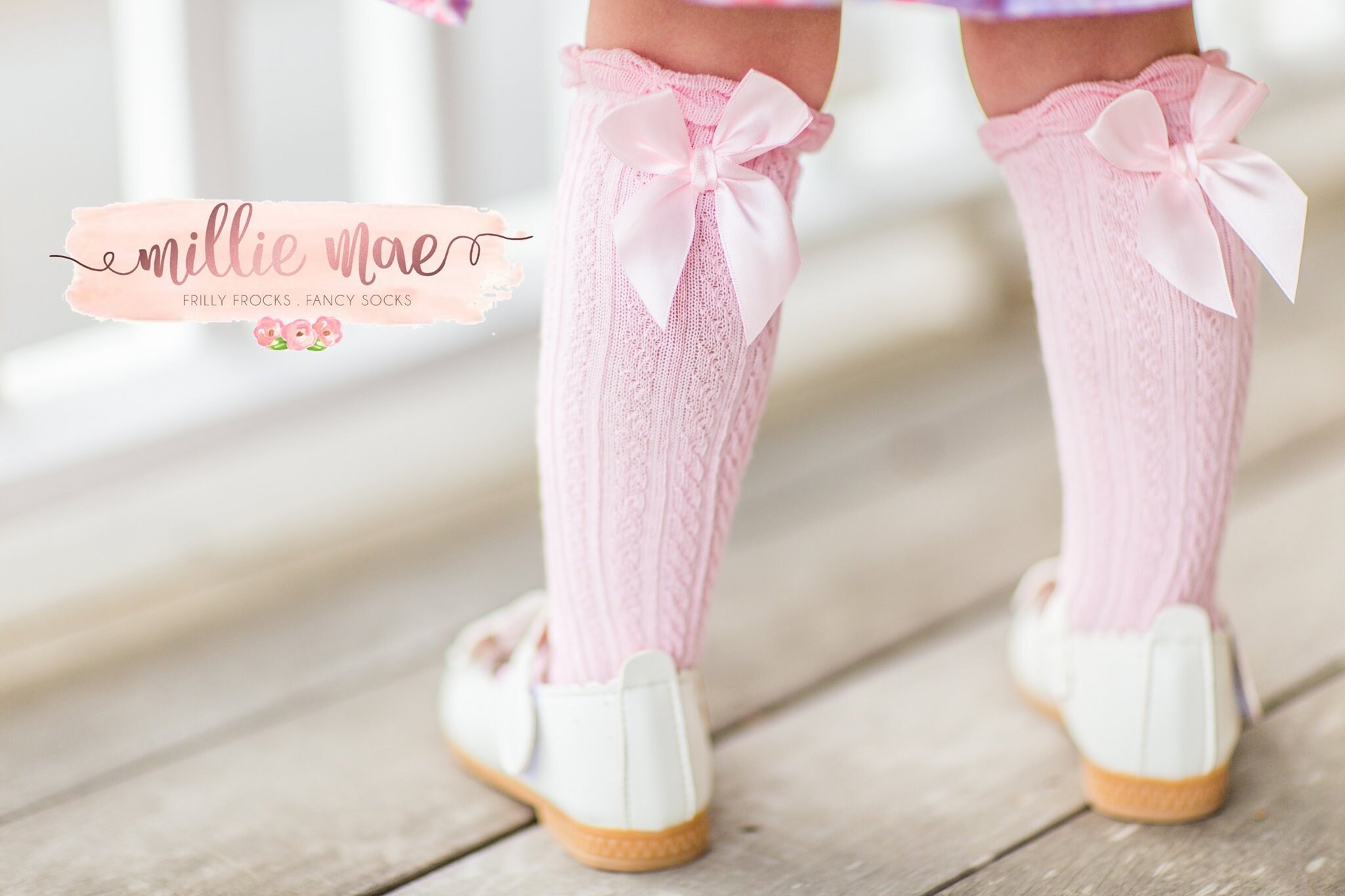 2 Pairs Girls Cable Knit Knee High Satin Bow Socks