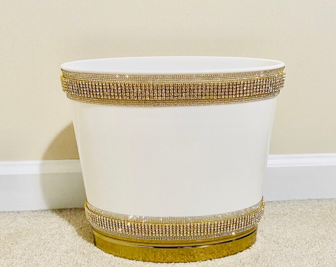Rhinestone Crystal White and Gold Trash Can - Etsy