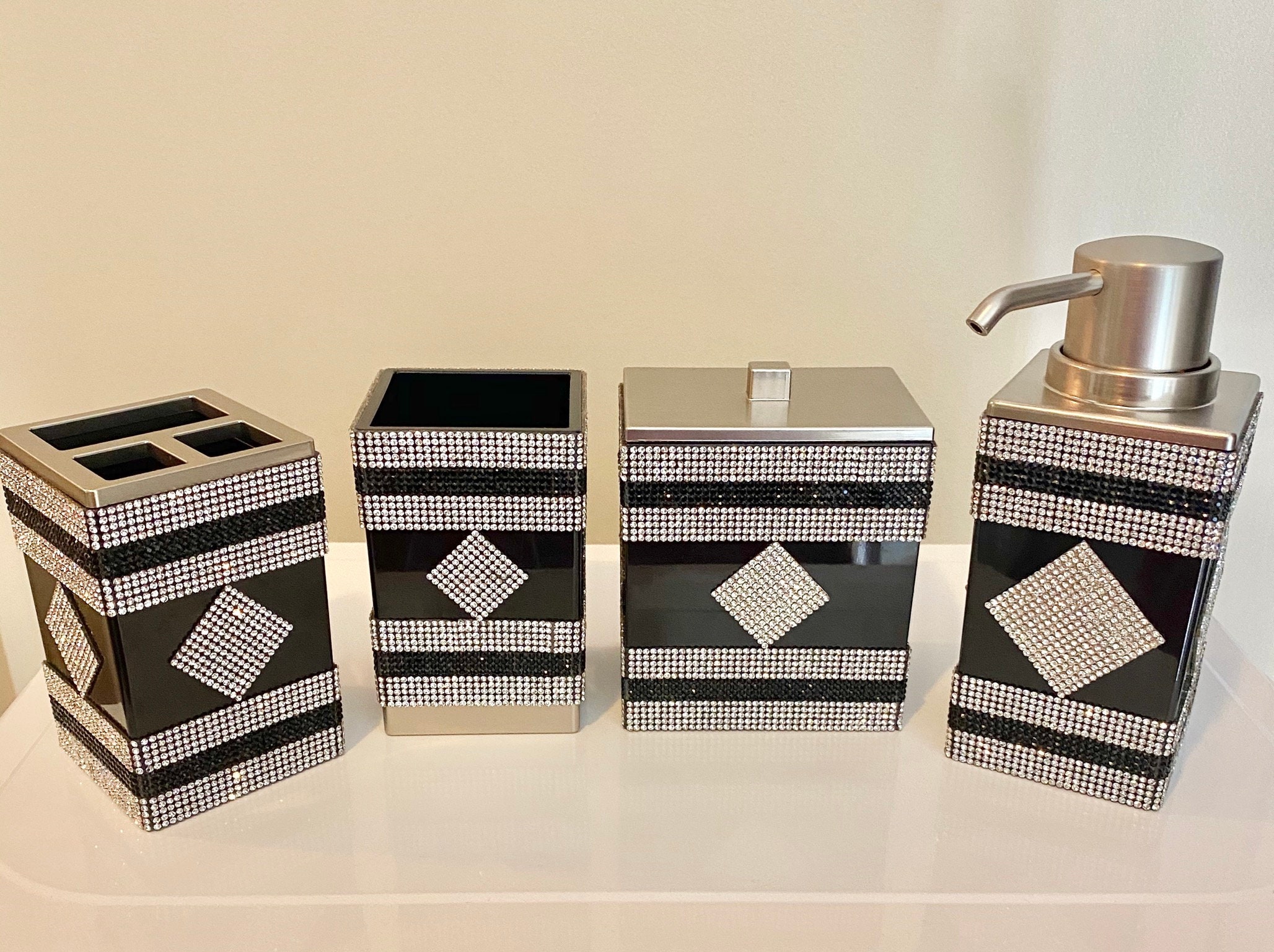 Rhinestone Crystal Silver and Black Bathroom Accessories Etsy