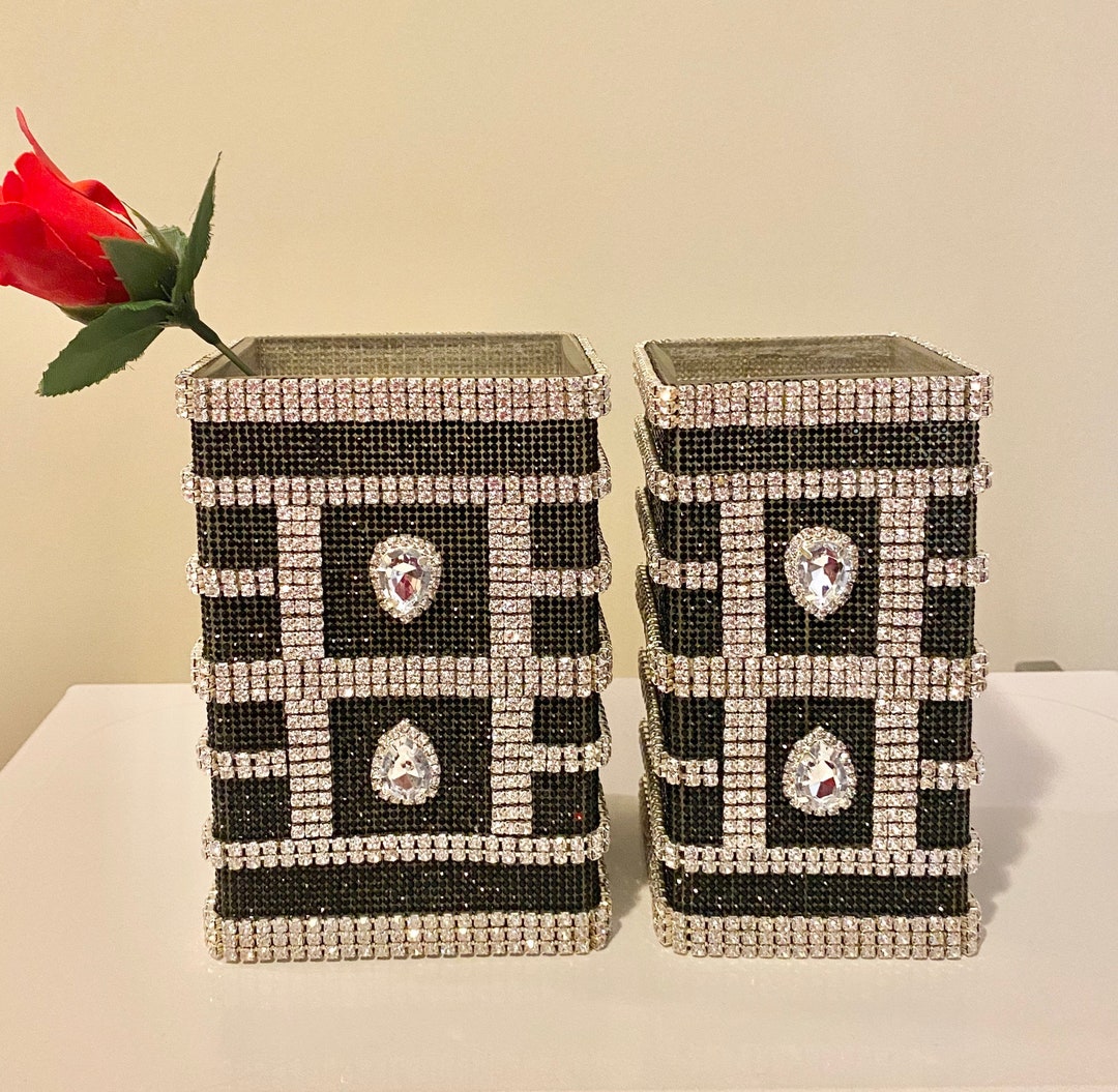 Rhinestone Crystal Silver and Black Table Vases Etsy