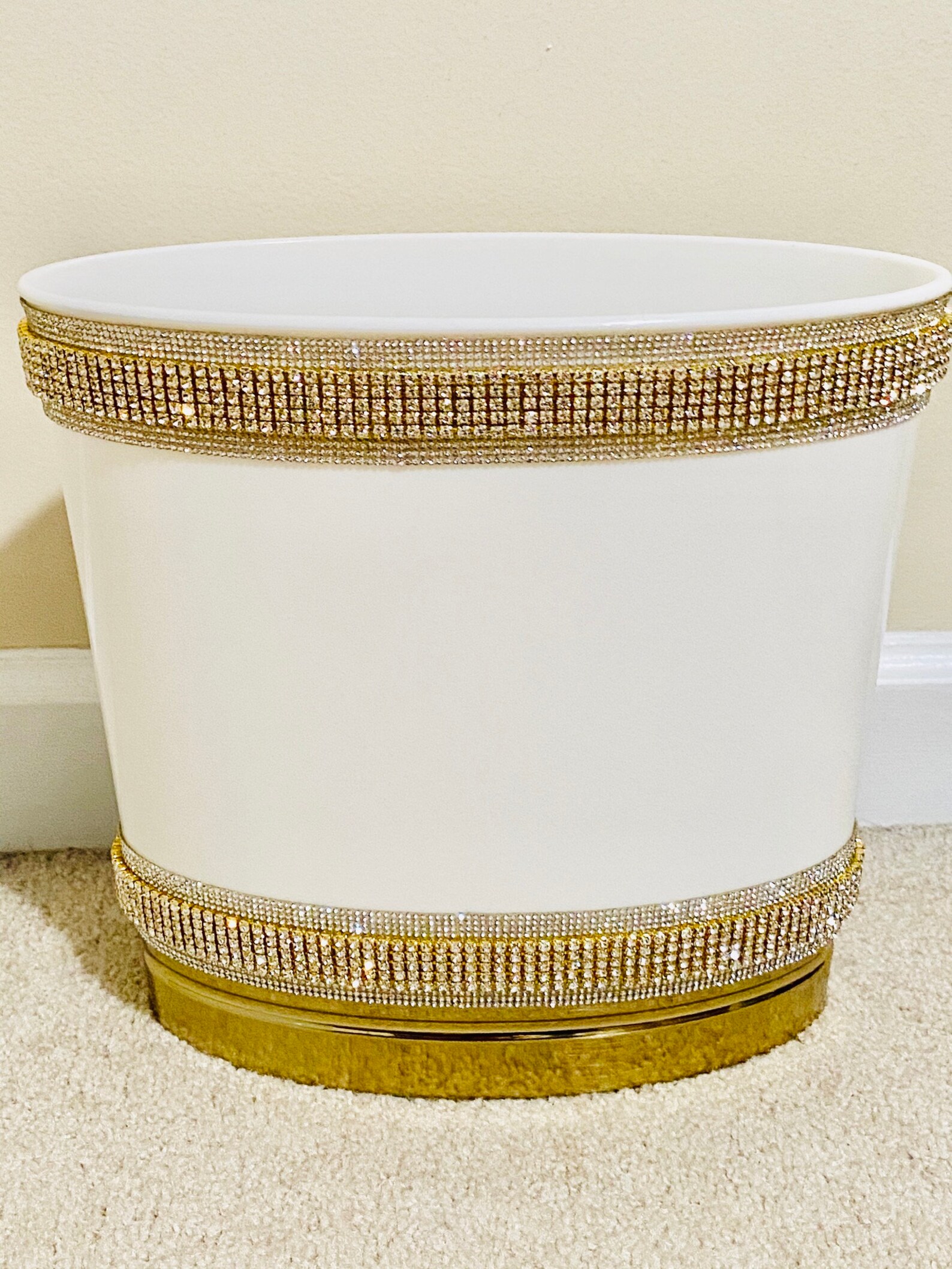 Rhinestone Crystal White And Gold Trash Can Etsy