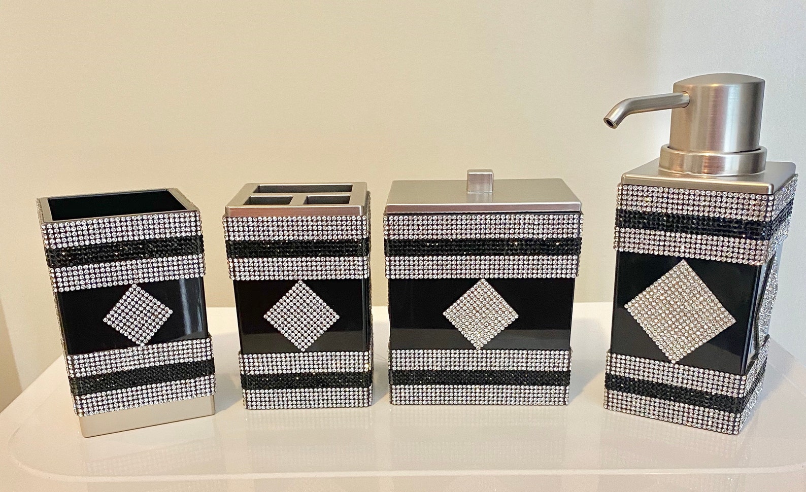 Rhinestone Crystal Silver and Black Bathroom Accessories Etsy
