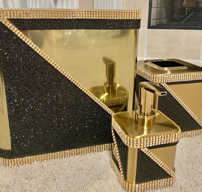 Rhinestone Crystal Black and Gold Bathroom Accessories Etsy