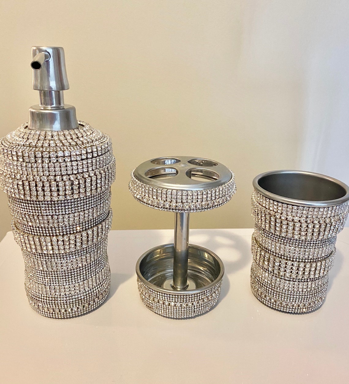 Rhinestone Crystal Silver And Chrome Bathroom Accessories Etsy