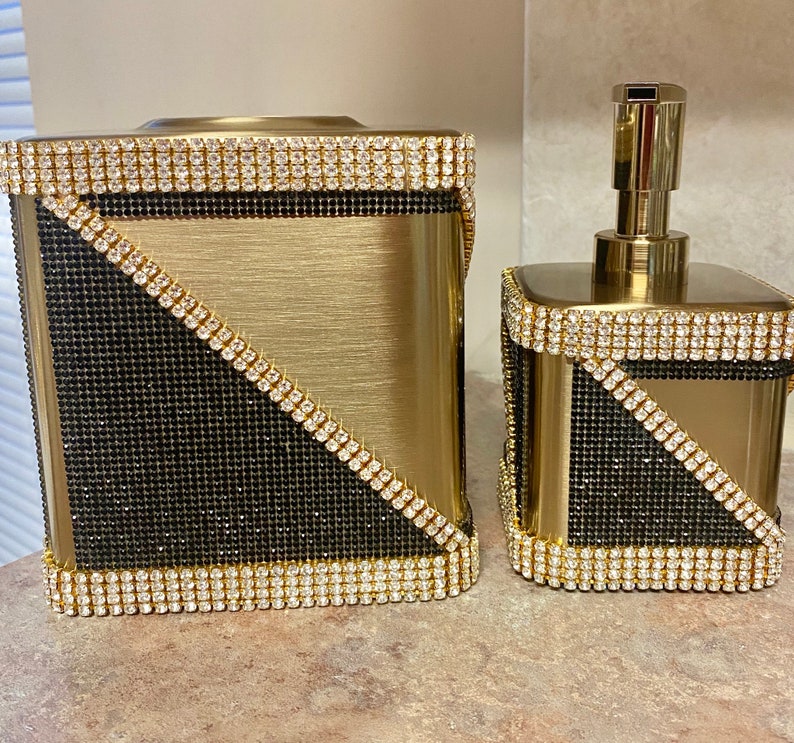 Rhinestone Crystal Black and Gold Bathroom Accessories Etsy