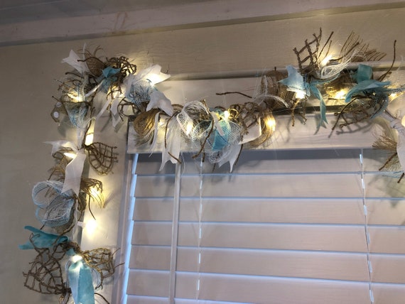 Lighted Coastal Garland, Nautical Decor. Aqua Lighted Beach Themed Garland,  Nautical Christmas Decor. 