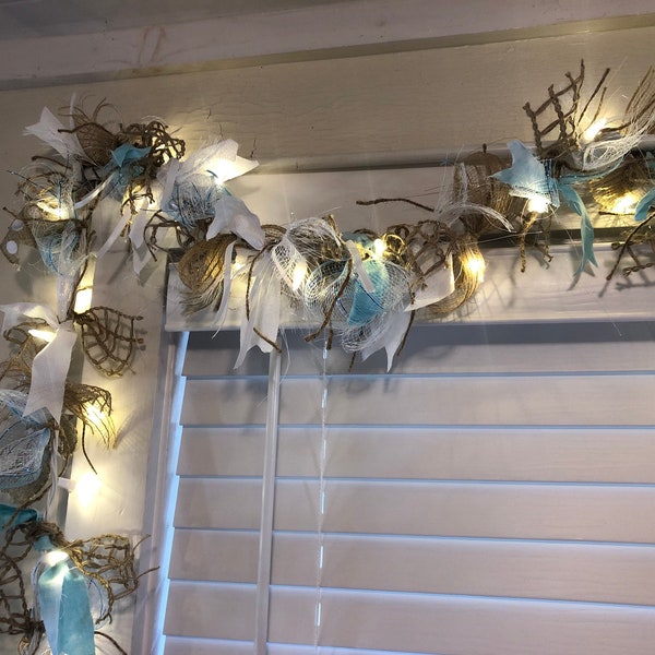 Lighted Coastal garland, Nautical decor. Aqua lighted beach themed Garland, Nautical Christmas decor.