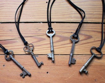 Vintage Skeleton Key Necklace: Mystery Antique Key on Black Leather Cord