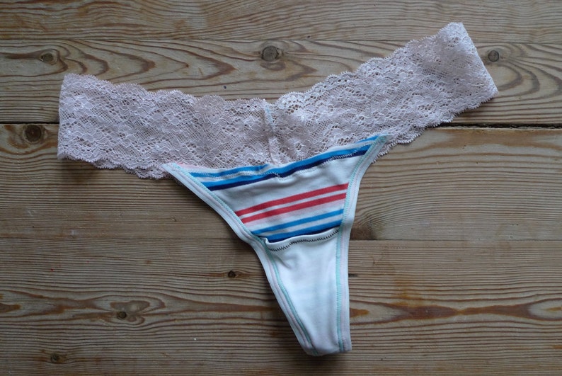 Custom made bespoke lingerie Organic Cotton Thong Panties Blue and Red Striped Cotton Underwear lace underwear,knickers