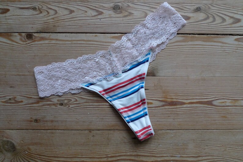 Custom made bespoke lingerie Organic Cotton Thong Panties Blue and Red Striped Cotton Underwear lace underwear,knickers