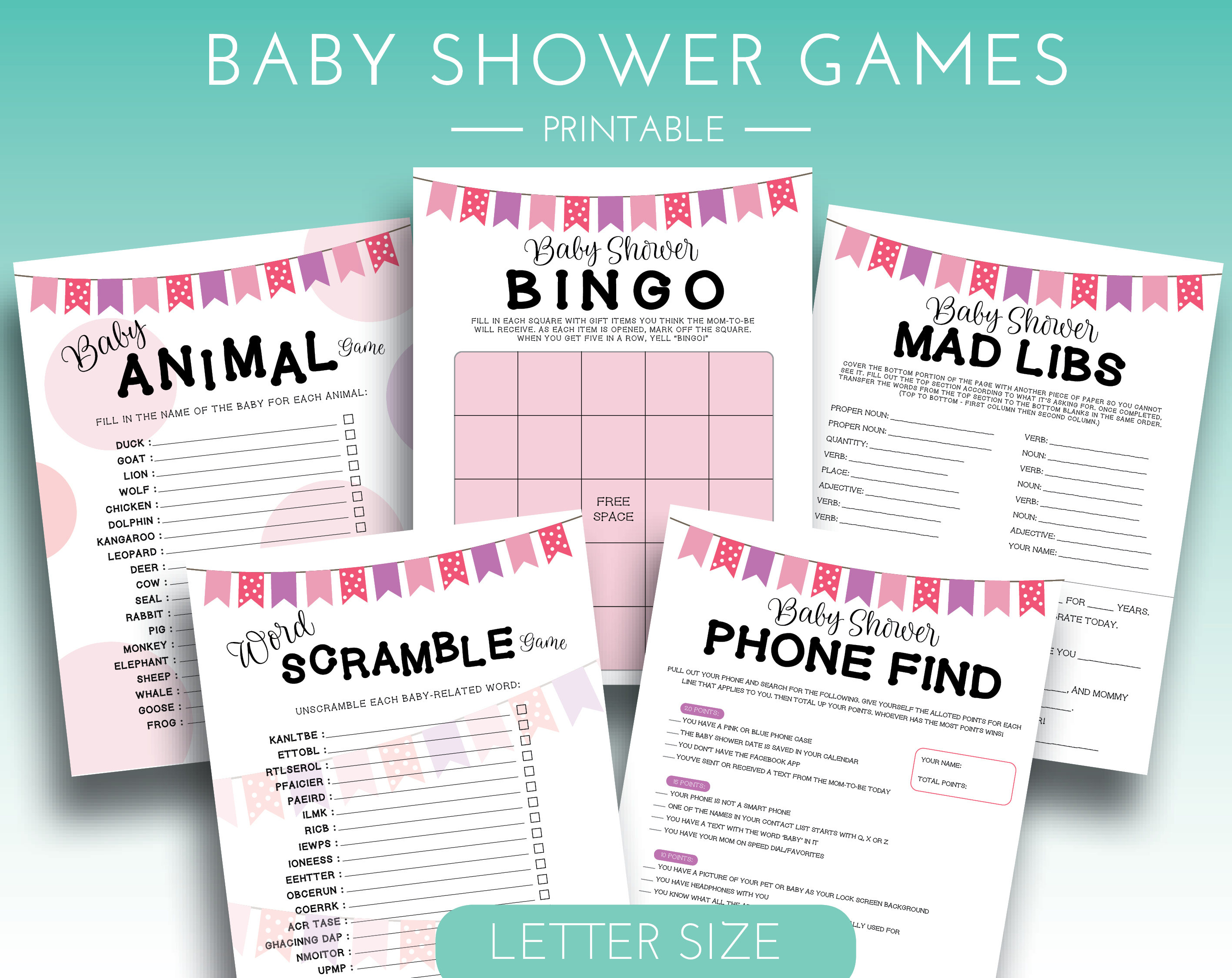 Baby Shower Games Printable, Girl Baby Shower Games, Baby Shower Mad Libs, Instant Download Baby Shower, Baby Shower Bingo, Baby Shower Pink