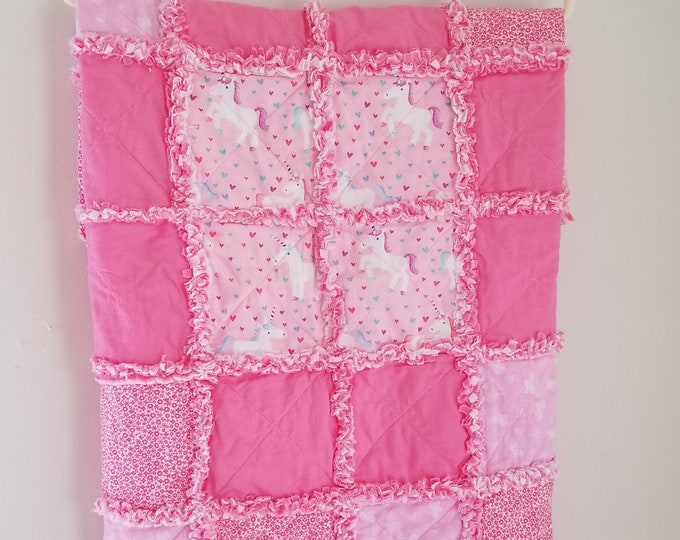 Pink Rag Quilts Rag Quilt, Pink Baby Rag Quilt, Pink Unicorns and Florals, Fairy Tale ...