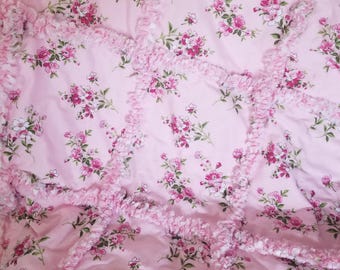 Pink Floral Baby Rag Quilt, Handmade Cotton Crib Quilt (36" x 28")
