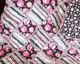 Pink Cat Baby Rag Quilt, Handmade Cotton Flannel, 30x38
