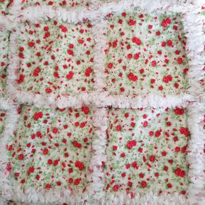 Pu&ograve; includere: Una trapunta floreale bianca e rossa con un bordo bianco, soffice e sfrangiato. La trapunta &egrave; realizzata con quadrati di tessuto con un motivo ripetitivo di piccole rose rosse su sfondo bianco.