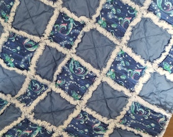 Mermaid Baby Rag Quilt, Cotton Flannel, 36x28