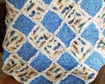 Blue Feather Baby Rag Quilt, Handmade Cotton Flannel, 28" x 28"