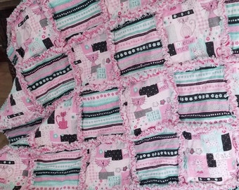 Pink Kitty Cat Rag Quilt, Cotton Flannel Baby Shower Gift
