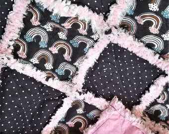 Handmade Rainbow Baby Rag Quilt, Cotton Flannel, Shower Gift