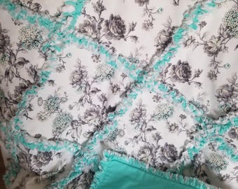 Floral Rag Quilt, Turquoise & Gray, Handmade Baby Shower Gift (28" x 28")