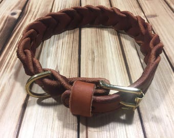Handcrafted Braided Leather Dog Collar – Brass Fittings, Bridle Leather