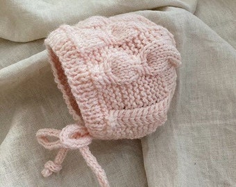 Hand Knitted Braided, Cabled Wool Bonnet, From size Newborn to Child