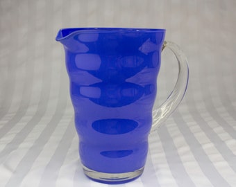 Amazing Large Hand Blown Pitcher in Blue and Clear Glass